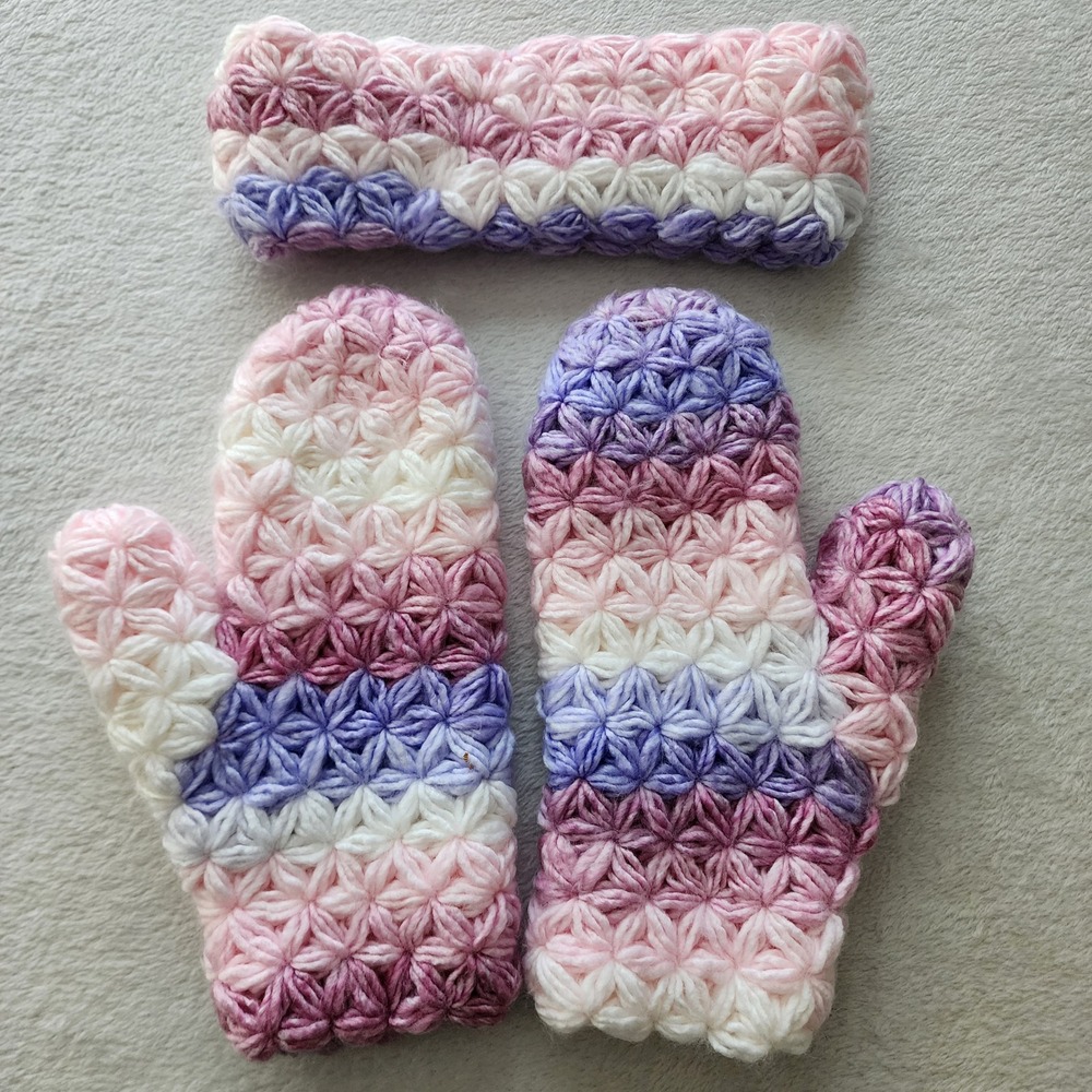 Handmade Mittens + Headband Set  Pink Purple Star Stitch Crochet Feminine Kawaii